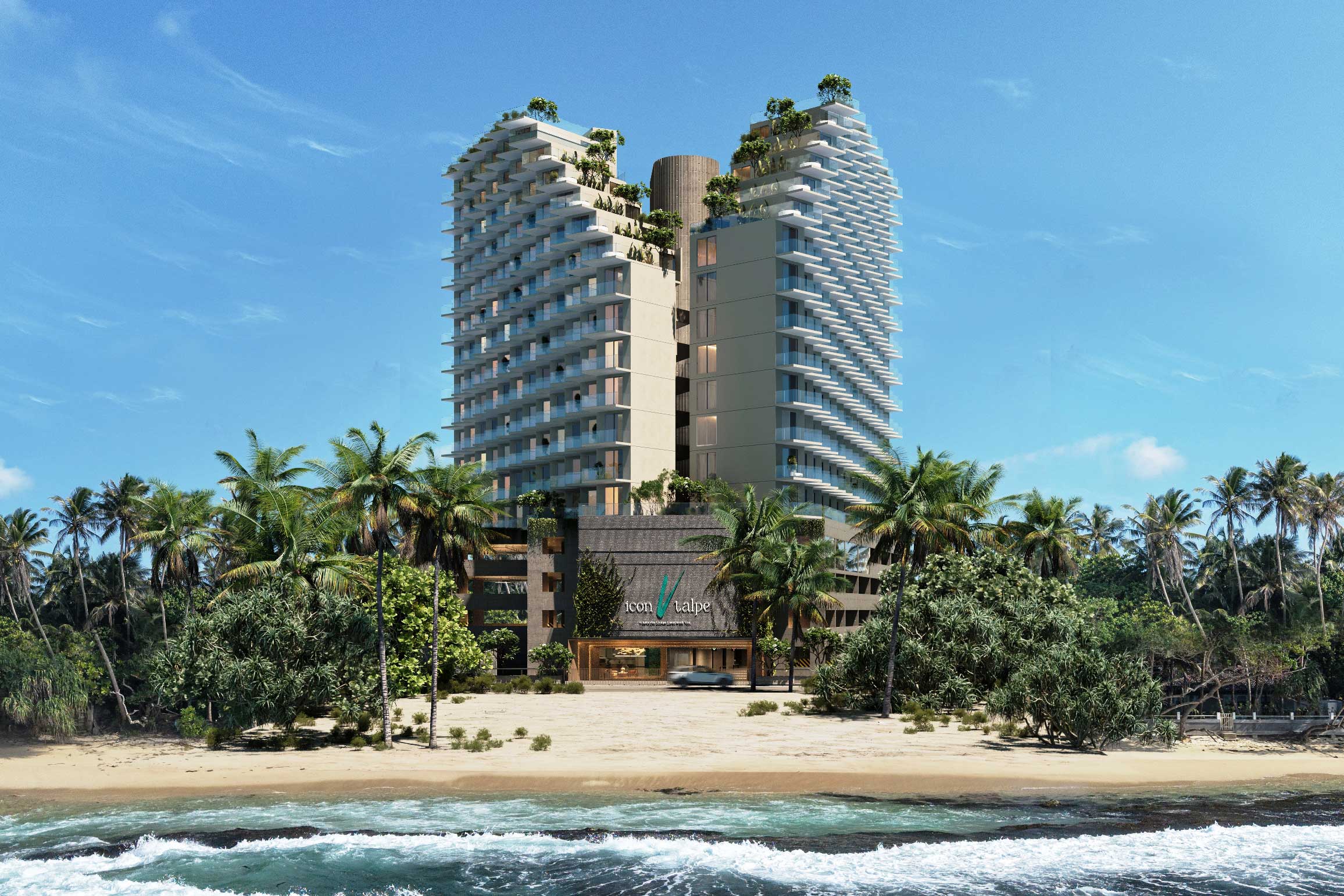 கடற்கரையில் நிர்மாணிக்கப்பட்டு வரும் ஹோட்டல் அபார்மென்ட் கருத்திட்டத்தின் அனுபவத்தை பெறுவதற்கு வாடிக்கையாளர்களுக்கு அழைப்பு விடுக்கும் Icon V Talpe